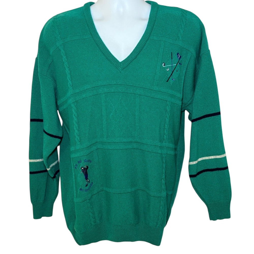 CIan Royal Edinburgh Lambswool Golf Sweater Green V Neck‎ Cable Knit Men 42